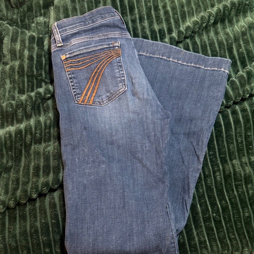 7 For All Mankind Blue Flare Jeans with Orange Stitching